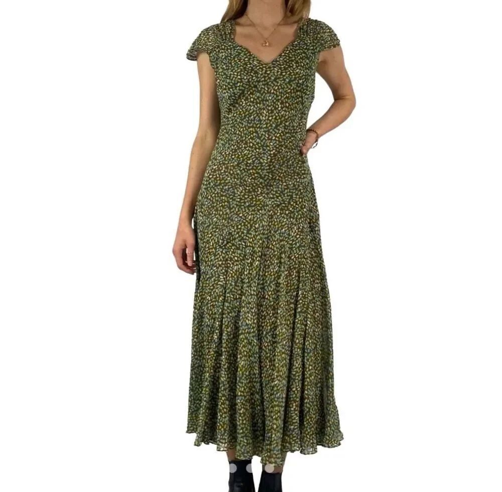 Vintage Y2K Talbots Petite 8 Silk Slip Drop Waist Midi Dress Chiffon Brown Fairy